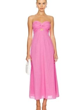 REVOLVE Strapless Hot Pink Midi Dress with Twist Bodice
